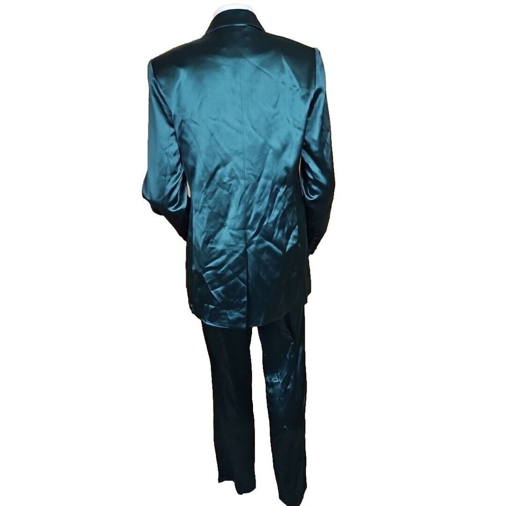 Lattelier Pant Suit Womens M Tie Waist Tuxedo Blazer Satin Green Trouser Outfit - Picture 2 of 16